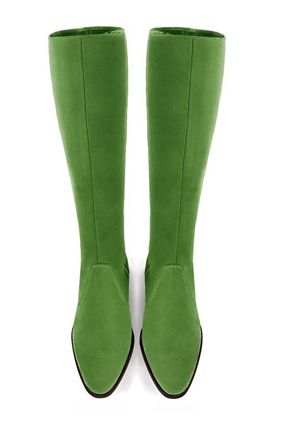 Grass green women's riding knee-high boots. Round toe. Low leather soles. Made to measure. Top view - Florence KOOIJMAN